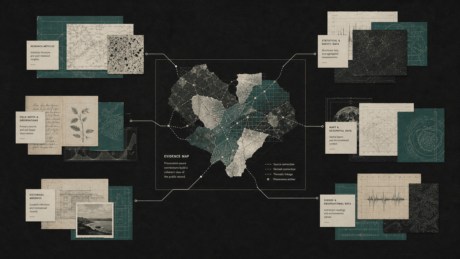 Abstract archival dataset layers connected by provenance-aware paths into an evidence map
