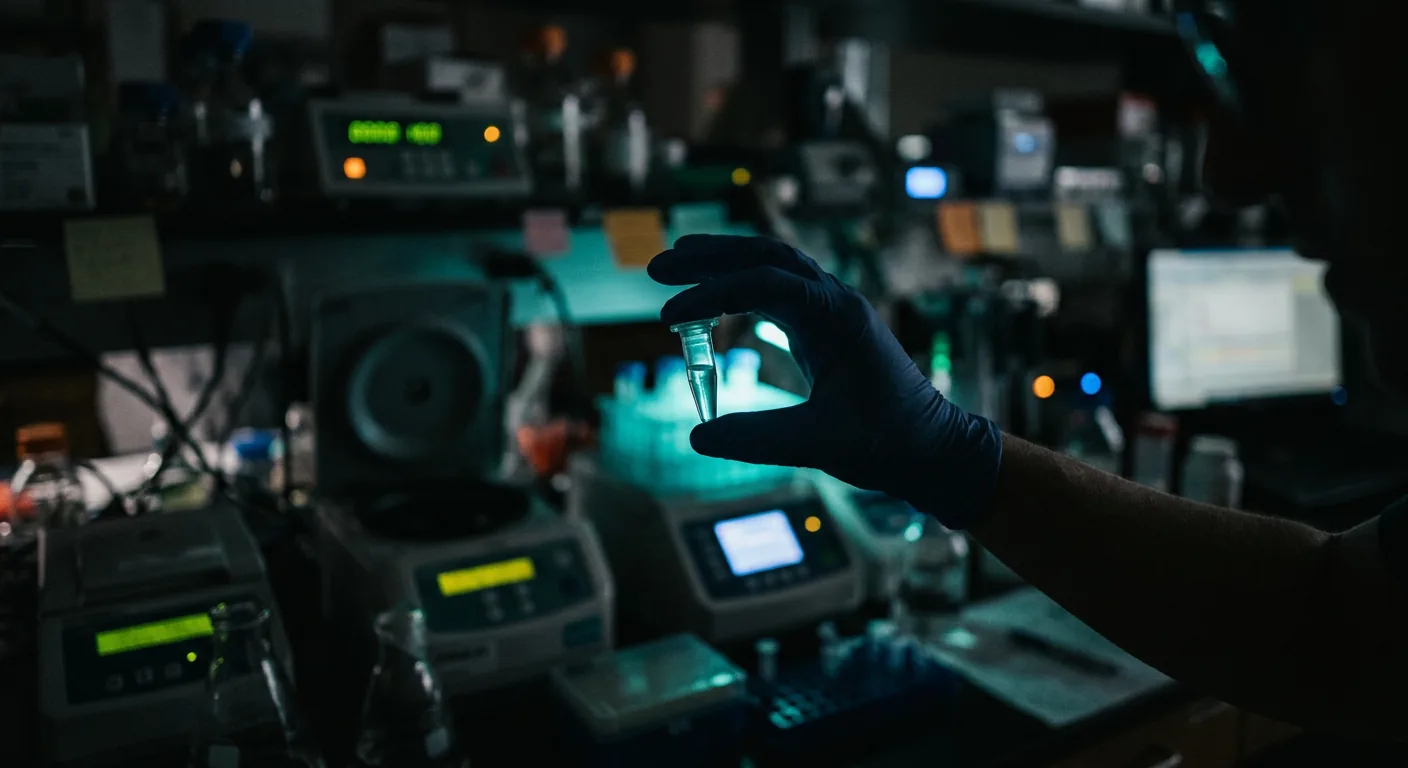 A gloved hand holding a sample tube in a working laboratory at night