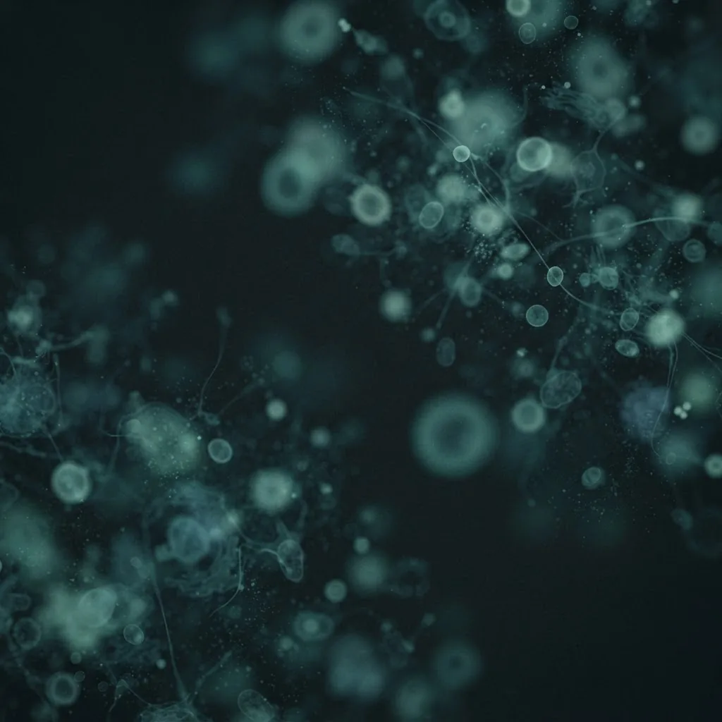 A field of fluorescent cells under microscopy